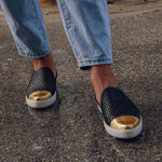 Jibs Slim Jet Black + Gold Toe Cap leather slip-on sneaker flat shoes sustainable Editorial