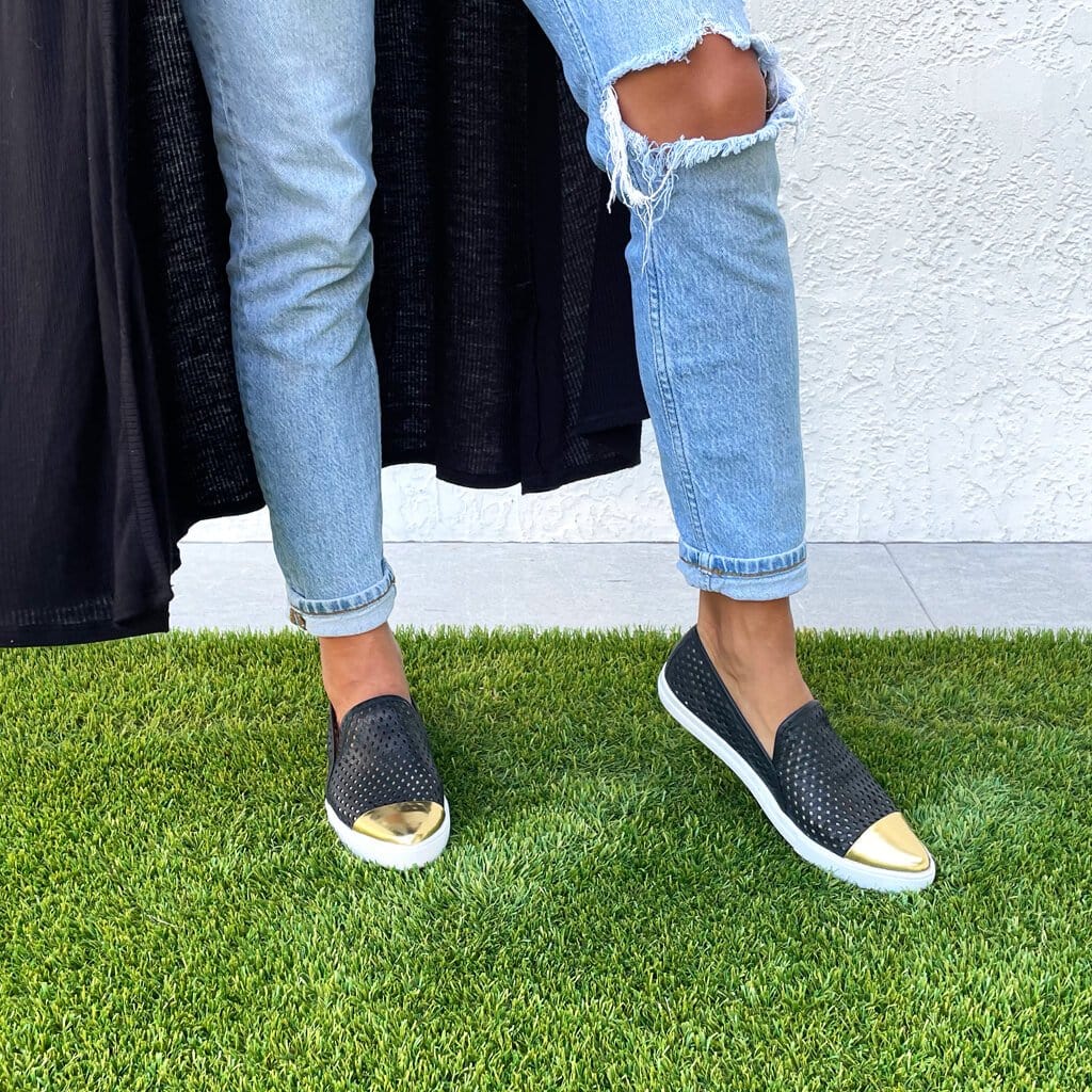 Jibs Slim Jet Black + Gold Toe Cap Slip On Sneaker Flat Pair Outdoors WomensJibs Slim Jet Black + Gold Toe Cap leather slip-on sneaker flat shoes sustainable Editorial