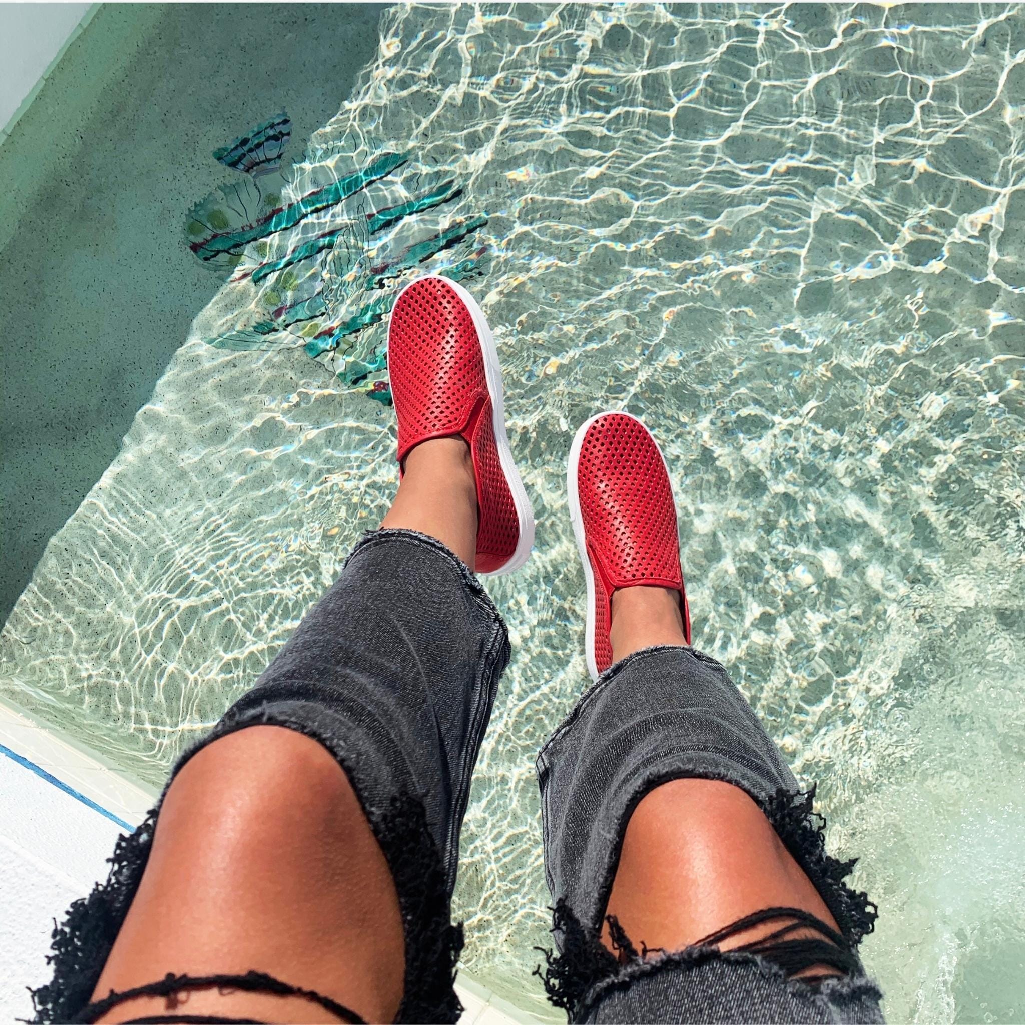 Jibs Mid Rise True Red leather slip-on sneaker shoes sustainable Editorial