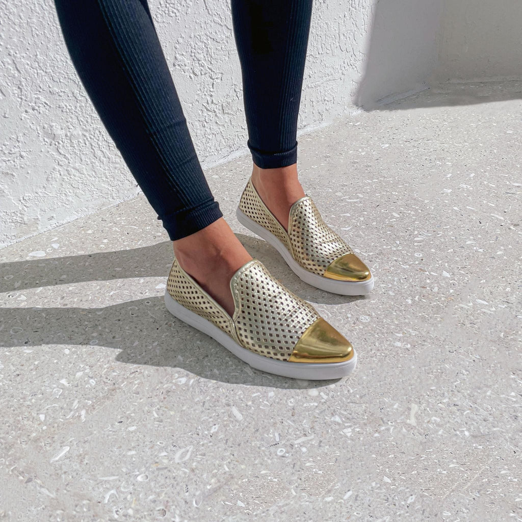 Jibs Slim Gold + Gold Toe Cap leather slip-on sneaker flat shoes sustainable Editorial