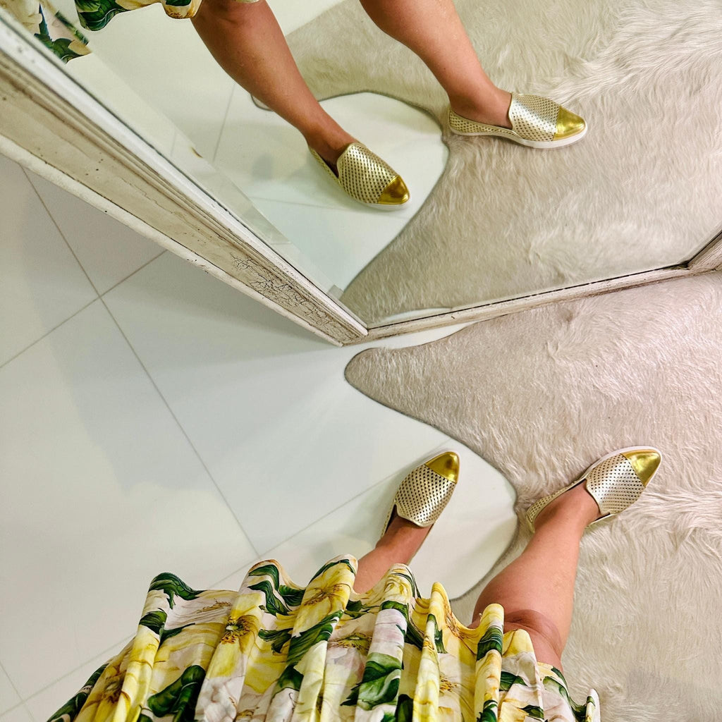 Jibs Slim Gold + Gold Toe Cap leather slip-on sneaker flat shoes sustainable Editorial