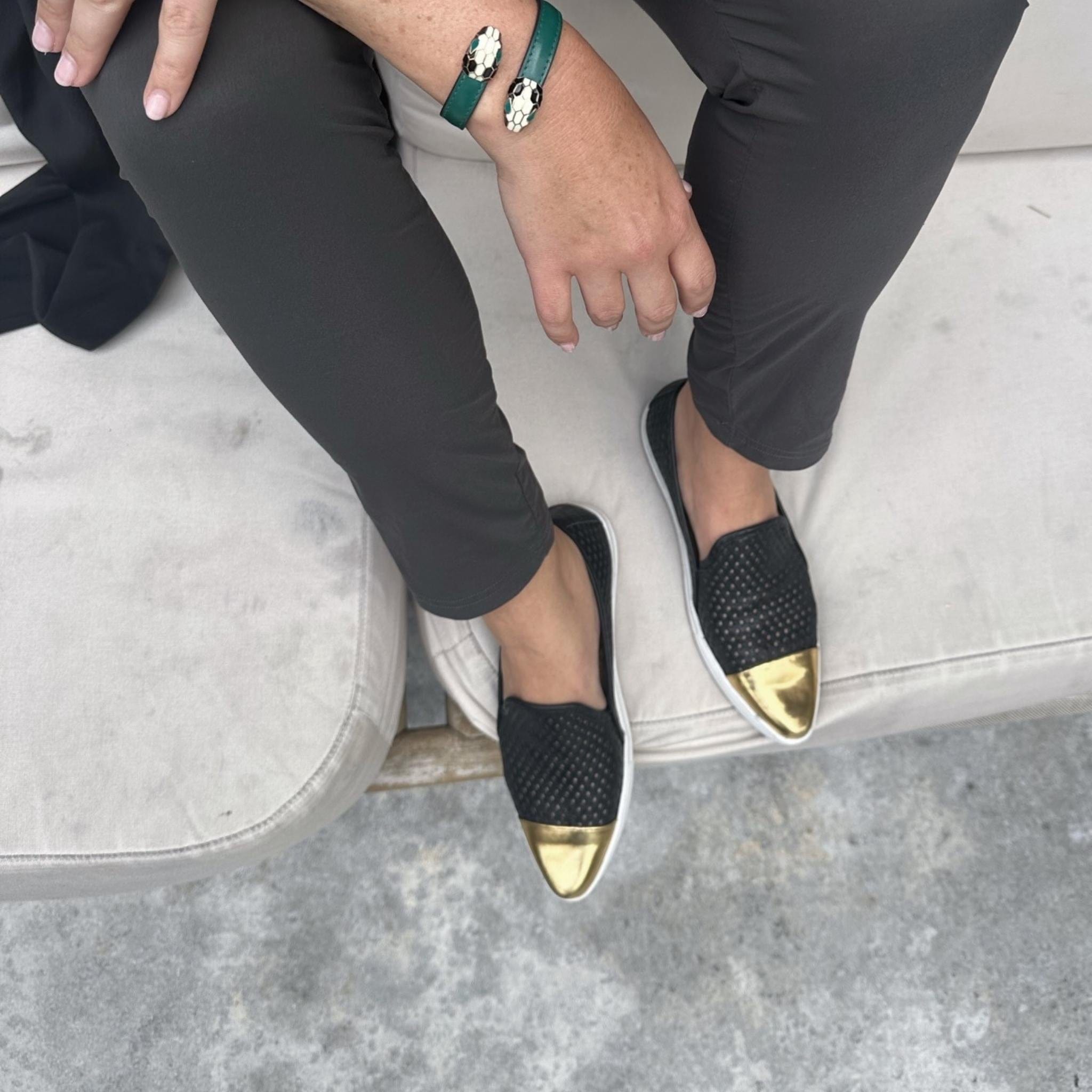 Jibs Slim Jet Black + Gold Toe Cap leather slip-on sneaker flat shoes sustainable Editorial