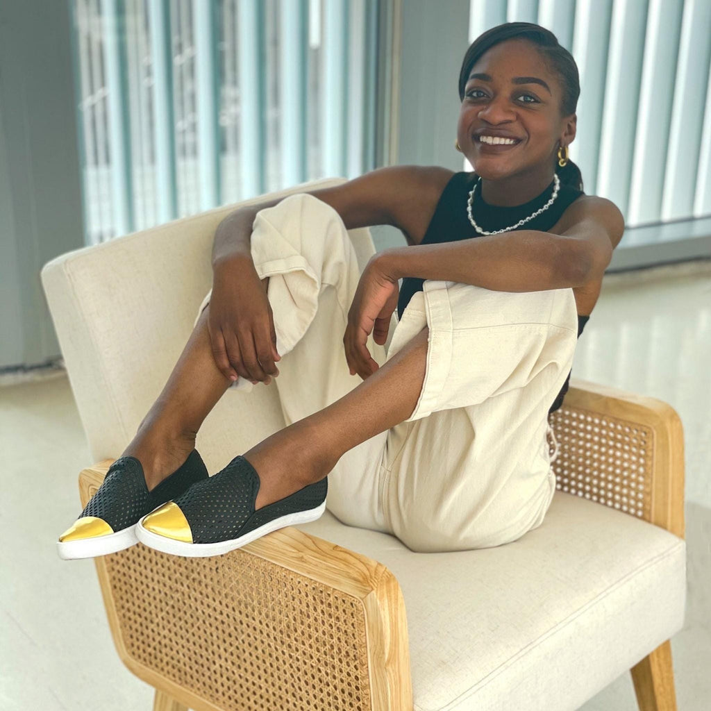 Jibs Slim Jet Black + Gold Toe Cap leather slip-on sneaker flat shoes sustainable Editorial