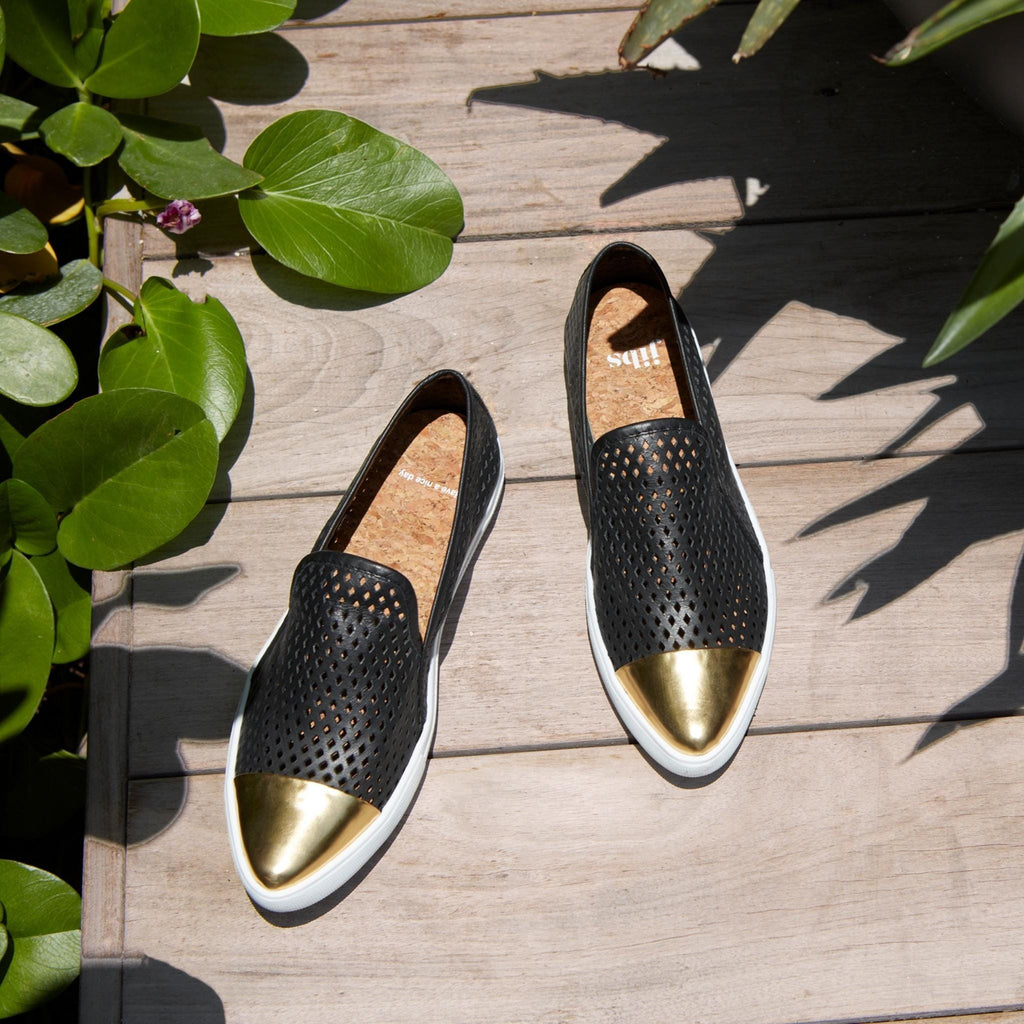 Jibs Slim Jet Black + Gold Toe Cap leather slip-on sneaker flat shoes sustainable Editorial