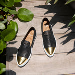 Jibs Slim Jet Black + Gold Toe Cap leather slip-on sneaker flat shoes sustainable Editorial