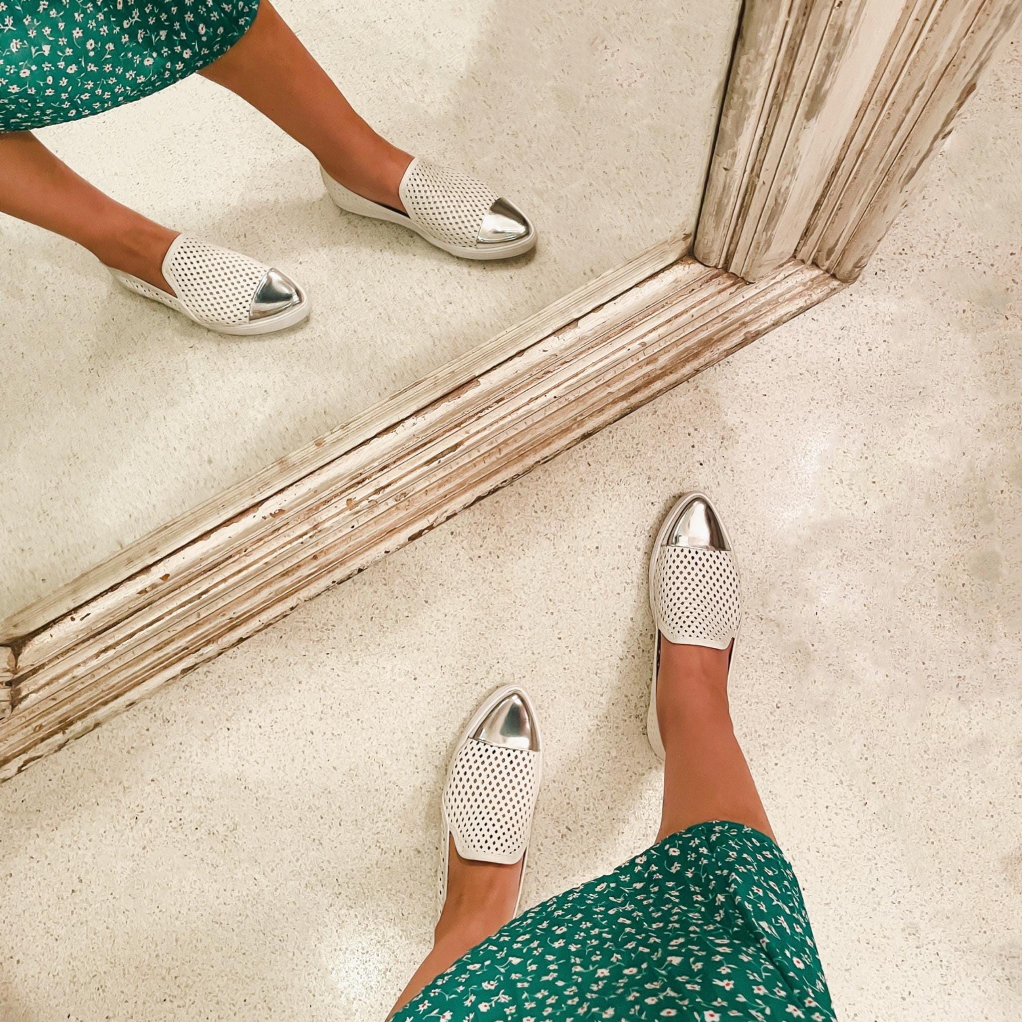 Jibs Slim Soft White + Silver Toe Cap leather slip-on sneaker flat shoes sustainable Editorial