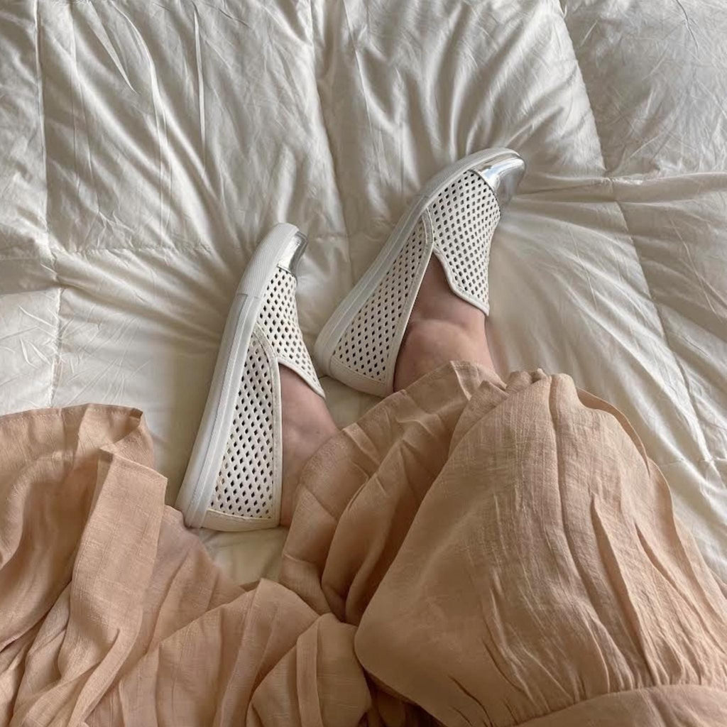 Jibs Slim Soft White + Silver Toe Cap leather slip-on sneaker flat shoes sustainable Editorial