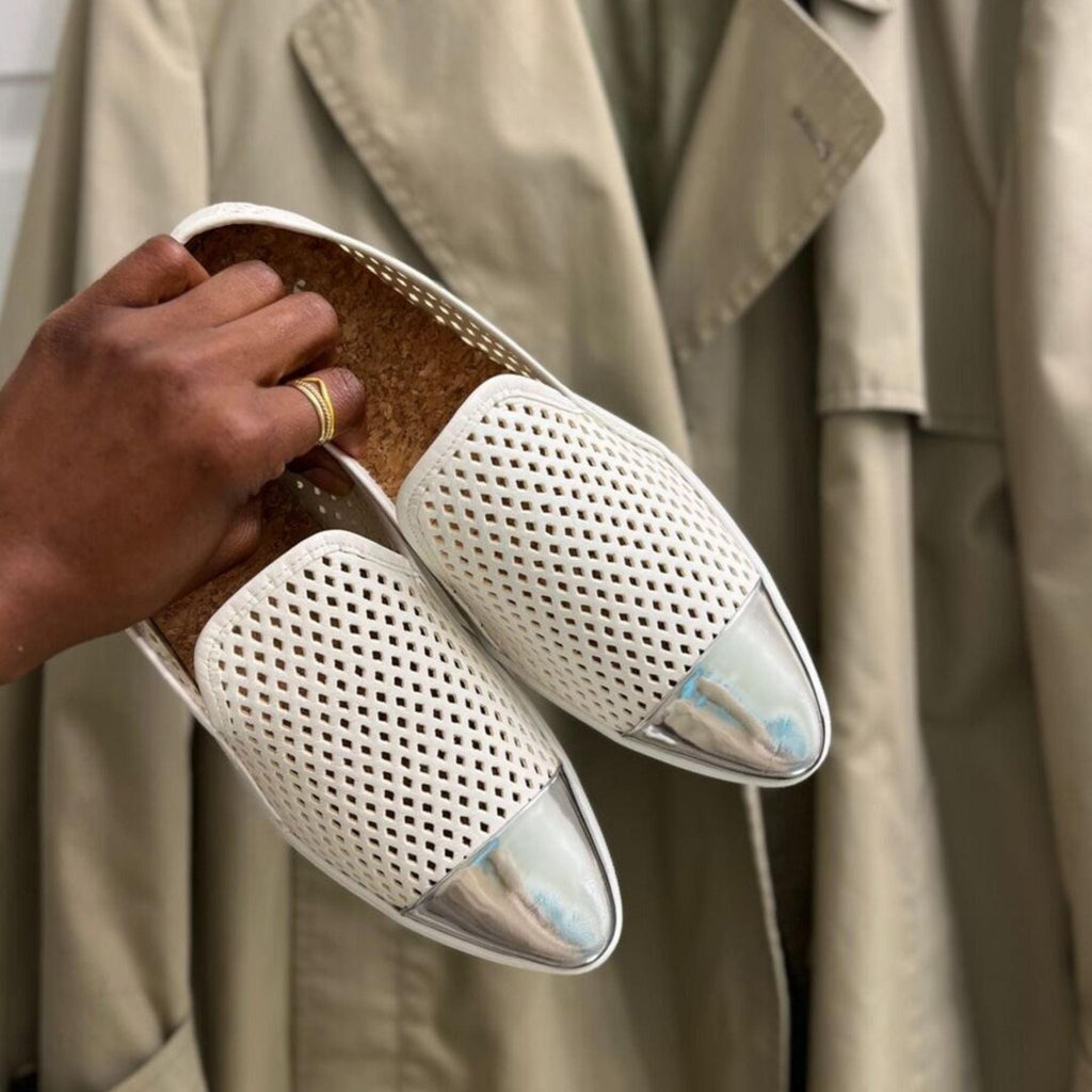 Jibs Slim Soft White + Silver Toe Cap leather slip-on sneaker flat shoes sustainable Editorial