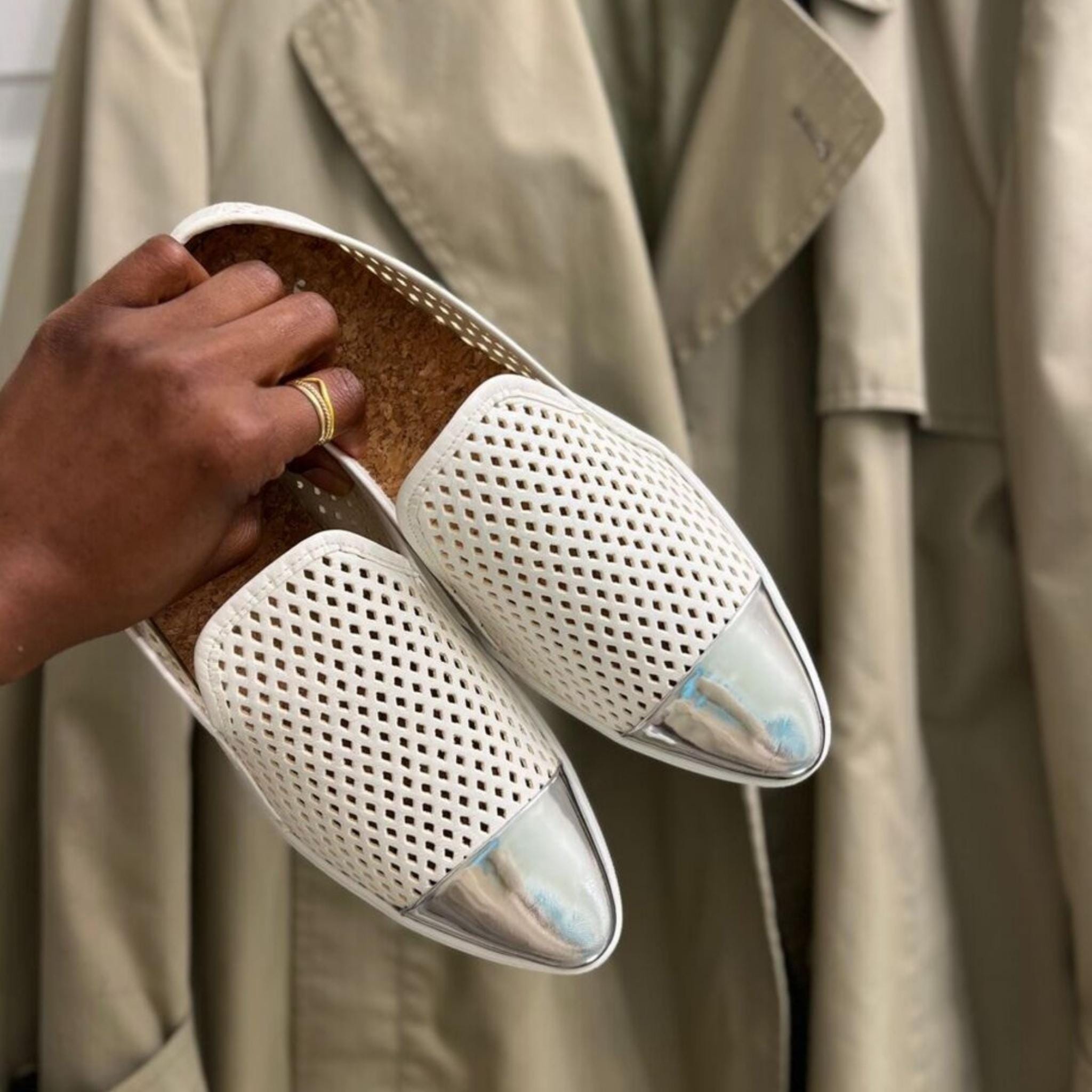 Jibs Slim Soft White + Silver Toe Cap leather slip-on sneaker flat shoes sustainable Editorial