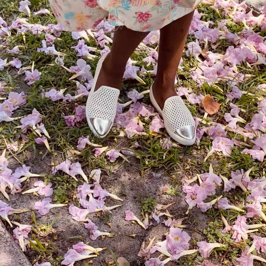 Jibs Slim Soft White + Silver Toe Cap leather slip-on sneaker flat shoes sustainable Editorial