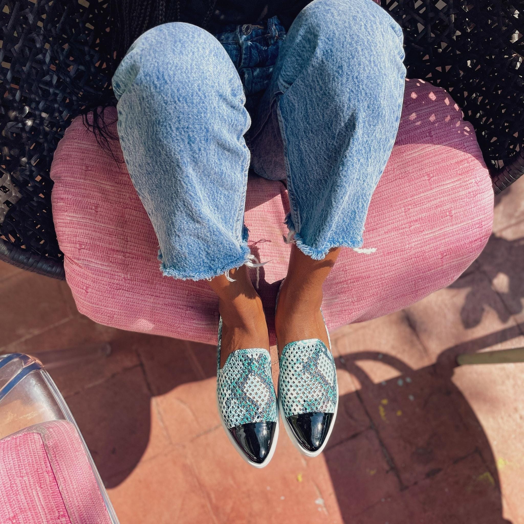 Jibs Slim Teal Python Toe Cap leather slip-on sneaker flat shoes sustainable Editorial