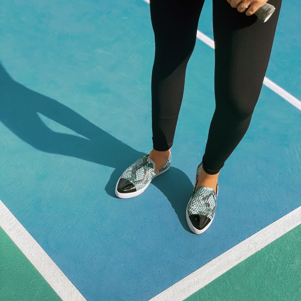 Jibs Slim Teal Python Toe Cap leather slip-on sneaker flat shoes sustainable Editorial