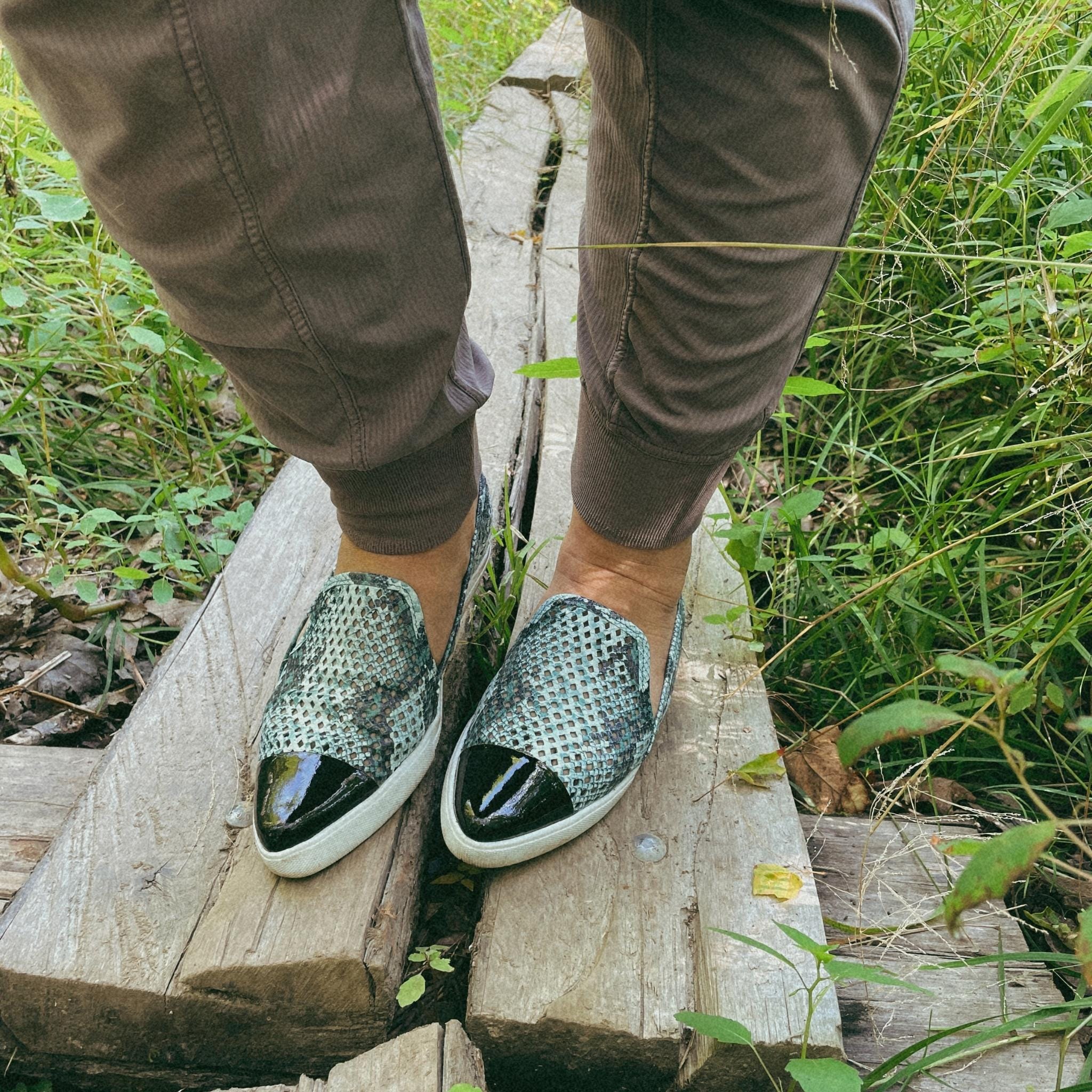 Jibs Slim Teal Python Toe Cap leather slip-on sneaker flat shoes sustainable Editorial