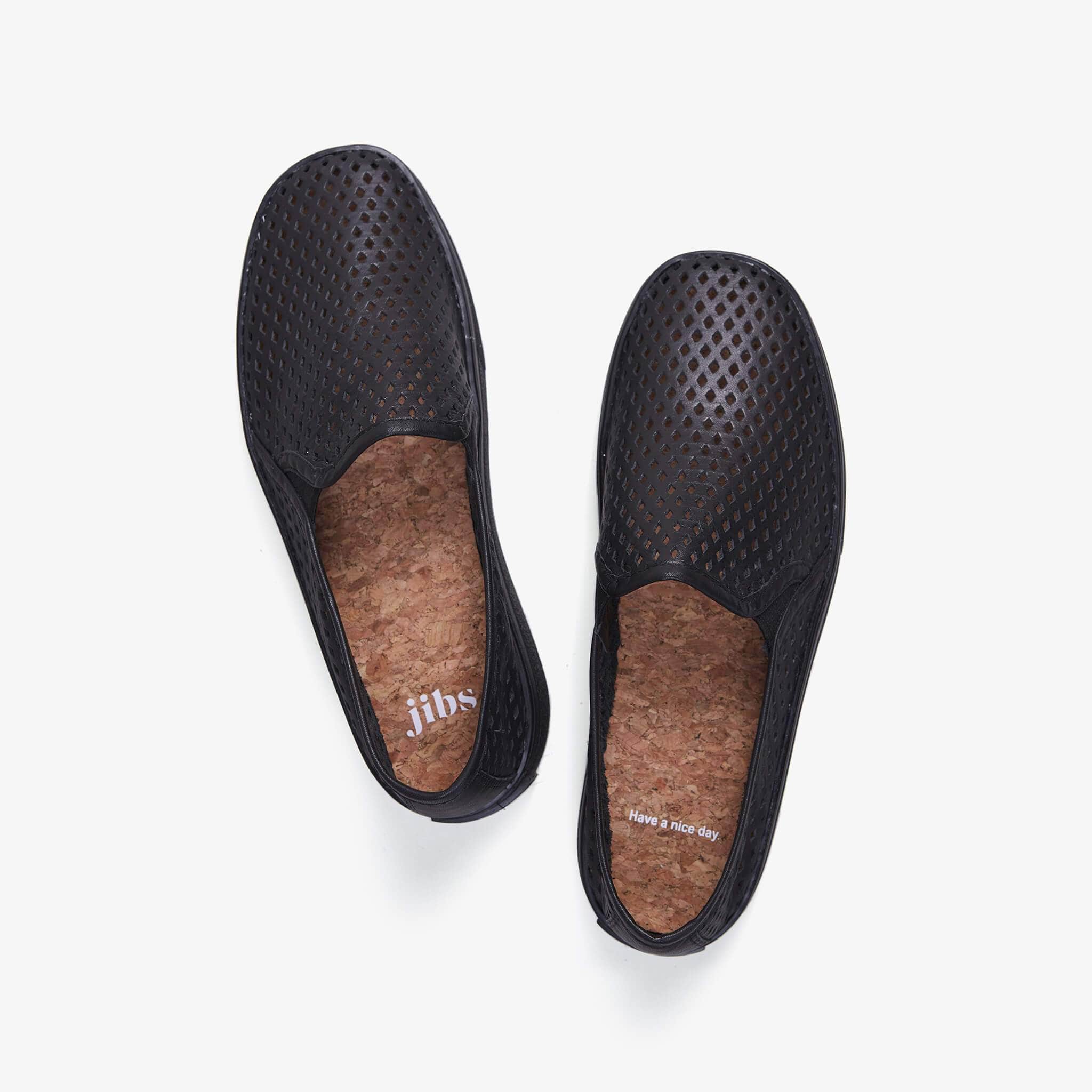 Jibs Classic Jet Black Royale Slip On Sneaker-Shoe Have A Nice Day Cork In-sole