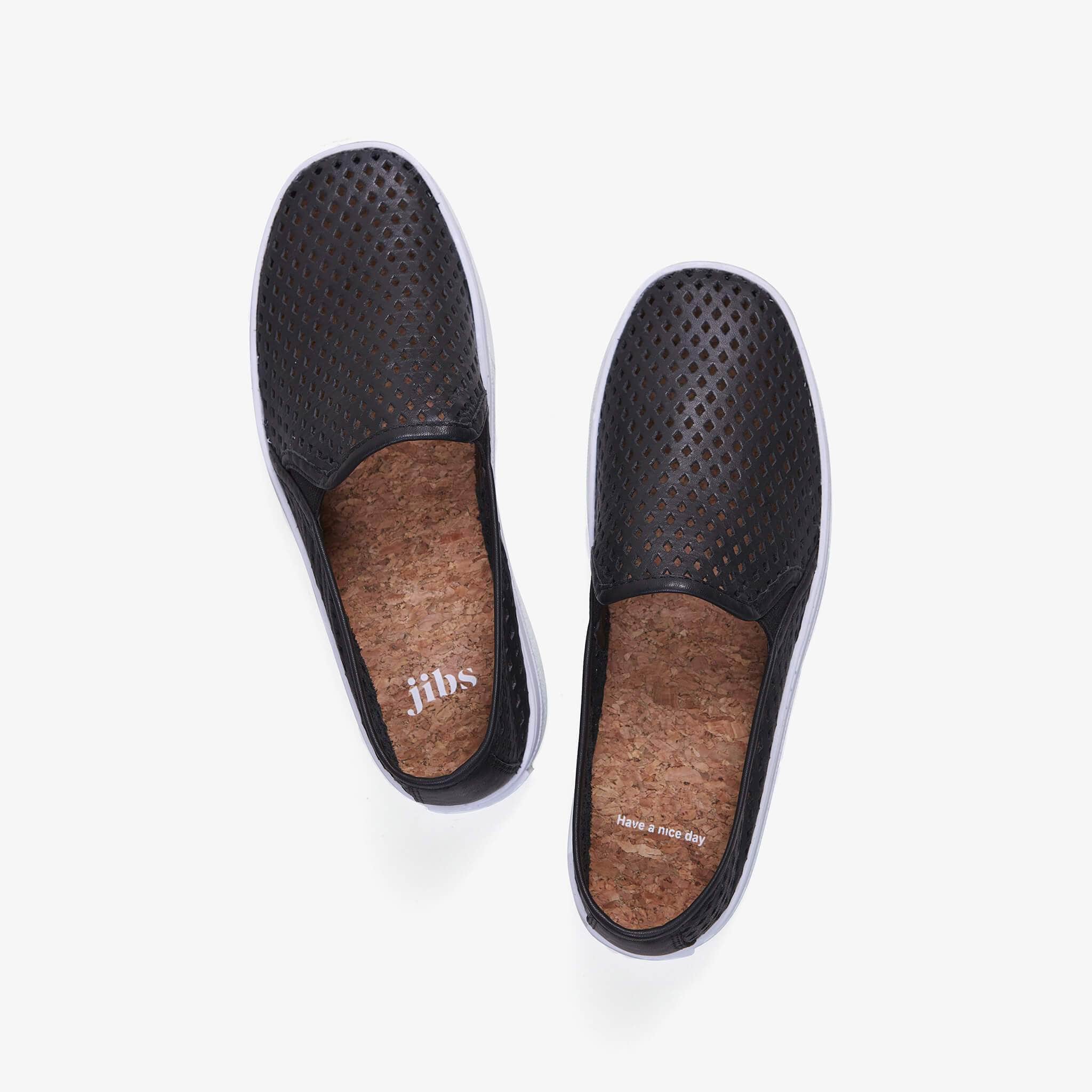 Jibs Classic Jet Black Slip On Sneaker-Shoe Top Have A Nice Day Cork In-sole