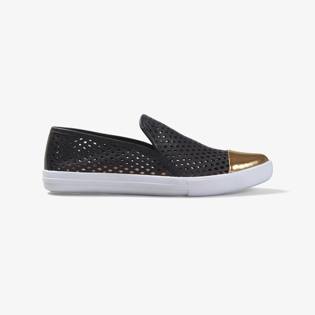 Jibs Slim Jet Black + Gold Slip On Sneaker Flat Shoe Side