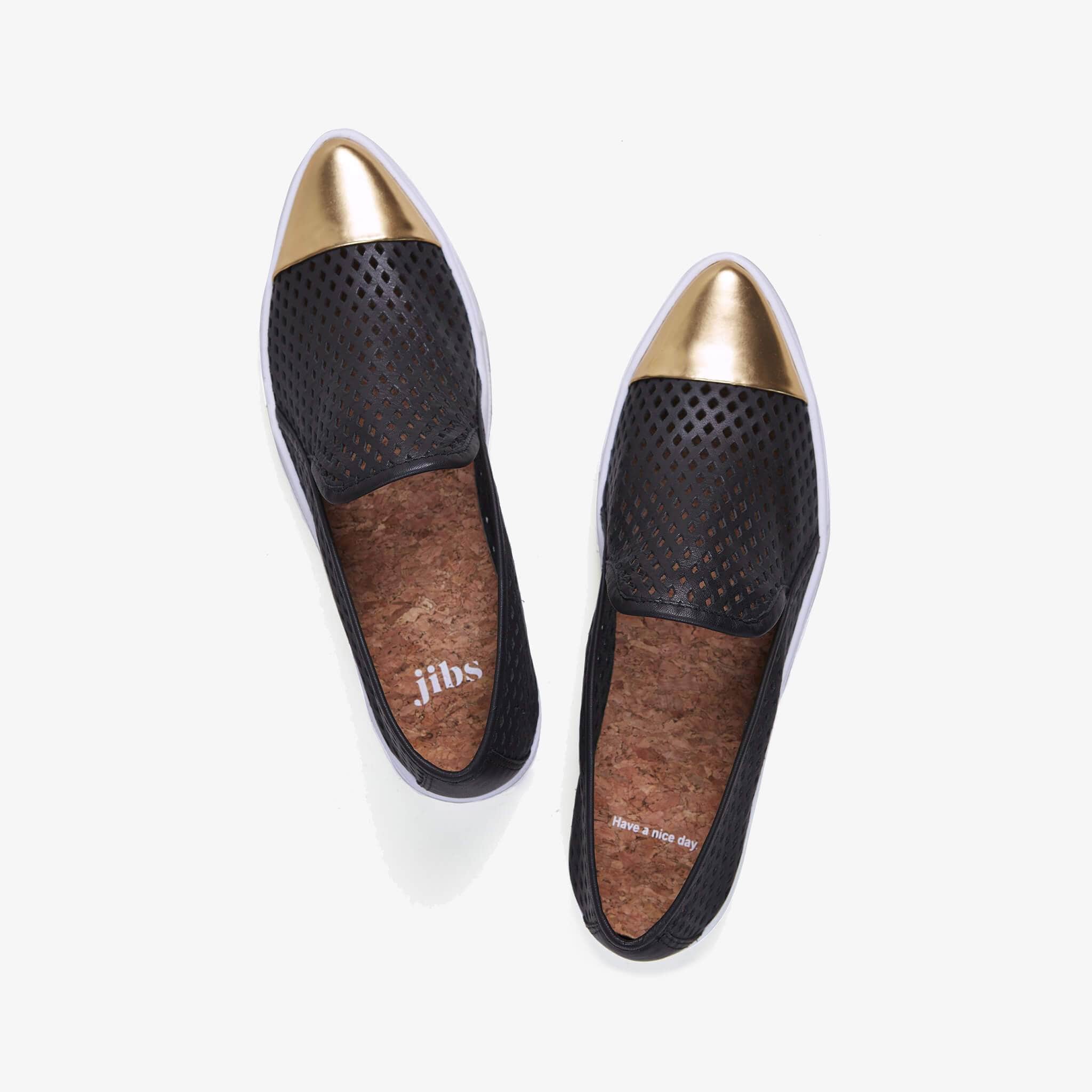 Jibs Slim Jet Black + Gold Slip On Sneaker Flat Top Have A Nice Day
