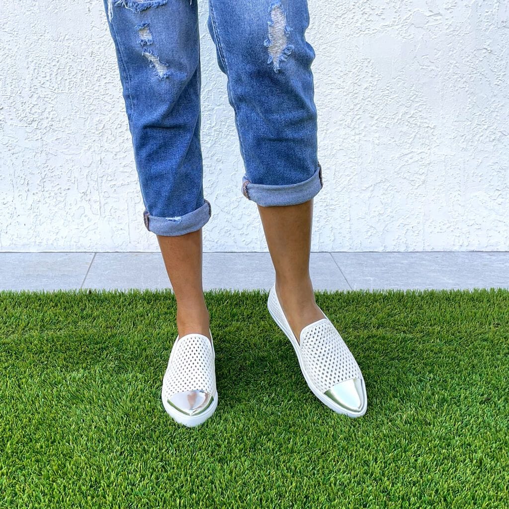 Jibs Slim White + Silver Toe Cap Slip On Sneaker Flat Pair Outdoors Womens