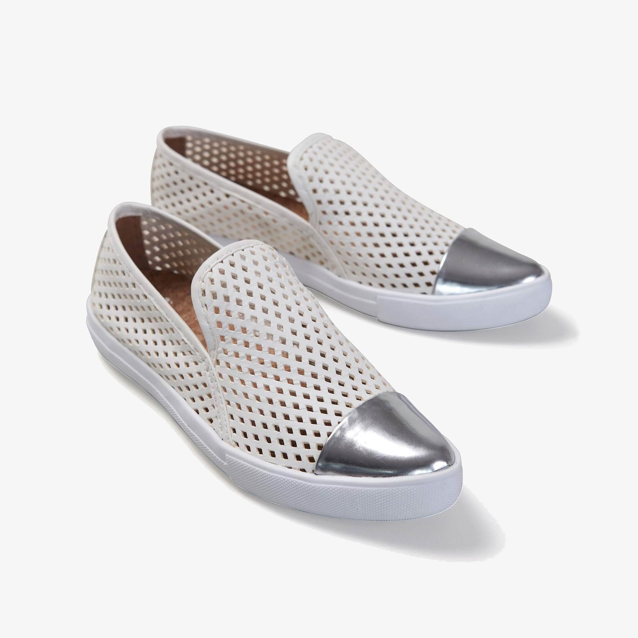 Jibs Slim White + Silver Slip On Sneaker Flat Pair