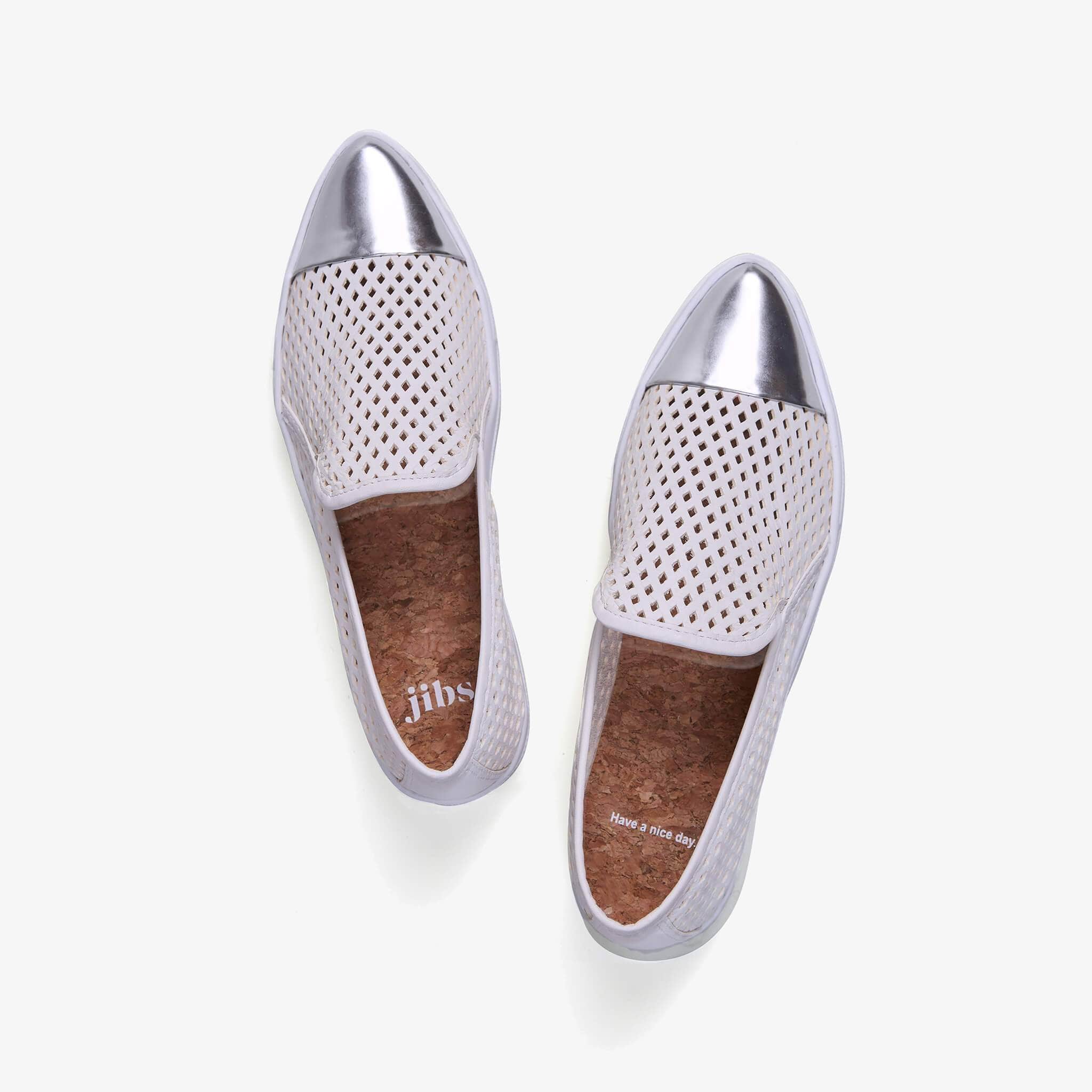 Jibs Slim White + Silver Slip On Sneaker Flat Top Have A Nice Day