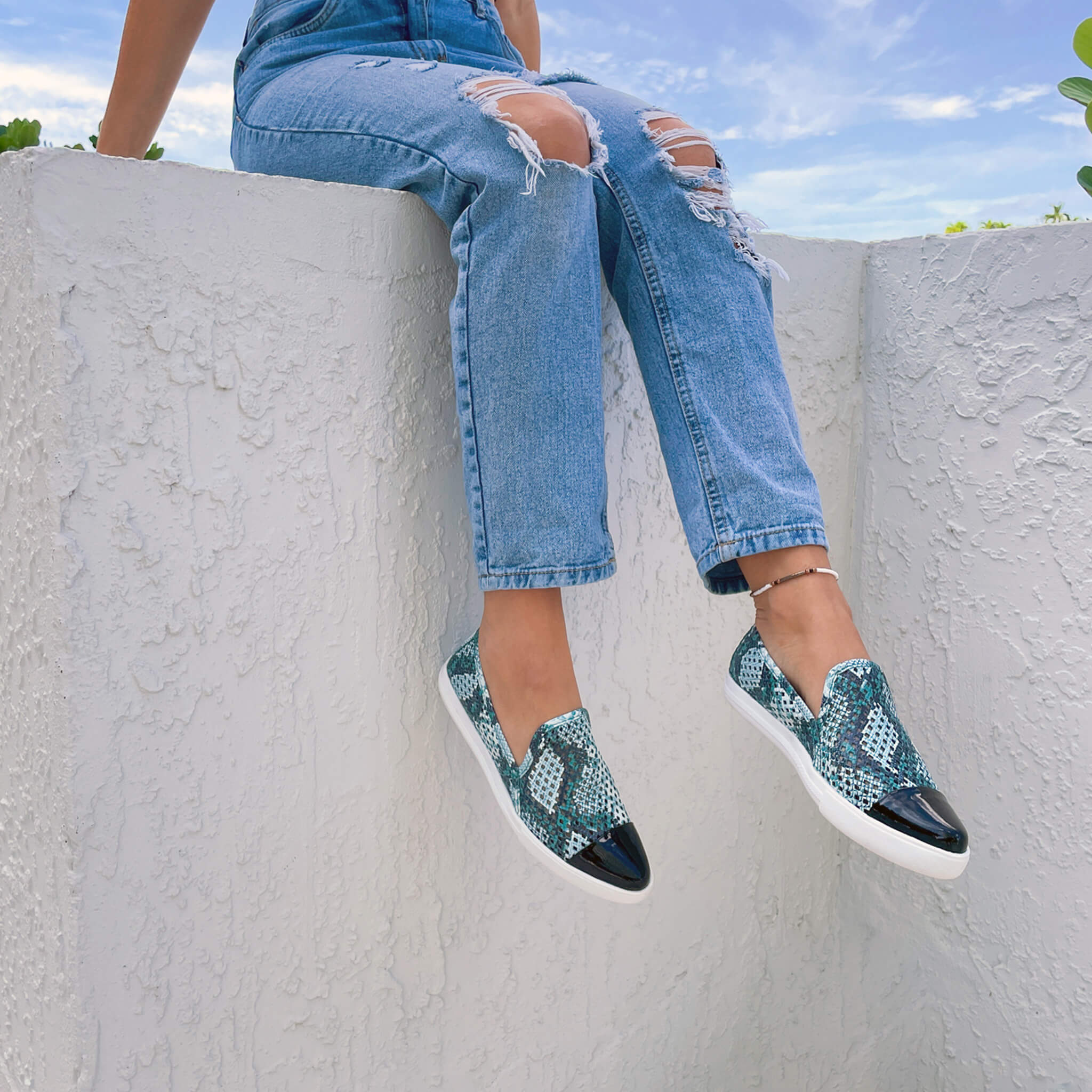 Jibs Slim Teal Python + Onyx Toe Cap Slip On Sneaker Flat Pair Outdoors Womens Hanging