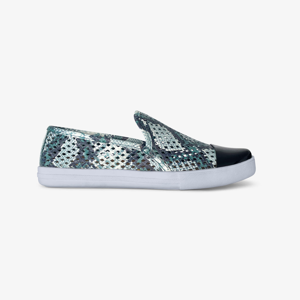 Jibs Slim Teal Python + Onyx Slip On Sneaker Flat Shoe Side